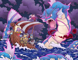  2girls :o aegislash aqua_dress armor artist_name blonde_hair breastplate brown_helmet cape claws closed_eyes clothed_pokemon clouds cloudy_sky coin colored_skin commentary dress dynamax fake_horns fangs figurehead_(boat) gold grey_helmet gyarados hammer helmet holding holding_hammer holding_rope holding_sword holding_weapon horned_helmet horns jynx koban_(gold) makuhita meowth multiple_girls nostrils o_o open_mouth outdoors perrserker pink_hair pink_lips pokemon pokemon_(creature) pokemon_focus ponytail purple_skin red_cape red_clouds red_dress red_eyes rope sail scared sharp_teeth ship sky smile squirtle sword symbol-only_commentary teeth thecalendork themed_object tinkatuff water watercraft watermark waves weapon wooper zamazenta zamazenta_(crowned) 