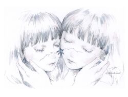 2girls cheek-to-cheek close-up closed_eyes colored_skin commentary_request cracked_skin expressionless heads_together multiple_girls original painting_(medium) ringo_komachi short_hair tearing_up traditional_media upper_body watercolor_(medium) white_hair white_skin 