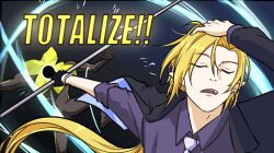  1boy adjusting_hair arm_out_of_sleeve black_coat black_gloves blonde_hair blue_background bracelet closed_eyes coat dyddkzk earrings english_text ethereal_(zenless_zone_zero) gloves hair_slicked_back half_gloves hand_on_own_head hashtag-only_commentary hitting holding holding_scythe hugo_vlad jewelry jujutsu_kaisen long_hair male_focus meme naoya_hitting_choso_without_looking_(meme) necktie open_mouth pointy_ears purple_necktie purple_shirt scene_reference scythe shirt single_glove single_half_glove sleeves_rolled_up smear_frame zenless_zone_zero 
