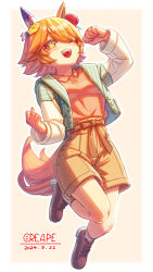  +_+ 1girl animal_ears blush breasts brown_shorts clover_hair_ornament commentary_request creape daruma_doll daruma_doll_hair_ornament ear_covers flipped_hair four-leaf_clover_hair_ornament full_body hair_between_eyes hair_ornament highres horse_ears horse_girl horse_tail jacket long_sleeves matikanefukukitaru_(casual)_(umamusume) matikanefukukitaru_(umamusume) one_eye_closed open_clothes open_jacket open_mouth orange_hair pink_shirt shirt shoes short_hair shorts single_ear_cover small_breasts smile socks solo striped_clothes striped_jacket tail teeth umamusume upper_teeth_only vertical-striped_clothes vertical-striped_jacket white_socks 