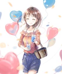  1girl absurdres bag balloon bare_shoulders blue_shorts breasts brown_bag brown_hair choppy_bangs closed_eyes commentary_request confetti cowboy_shot cup disposable_cup drink facing_viewer hair_ornament hairclip heart_balloon highres holding holding_bag holding_cup incoming_drink kototomari open_mouth original parallel_hairclips red_shirt shirt short_hair shorts small_breasts smile solo white_background 