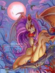  1girl 2022 animal_ears apple bat_(animal) bat_wings chinese_commentary clouds commentary_request english_text fang flutterbat fluttershy food fruit full_moon furry furry_female highres hooves horse_ears jficbcpcr6eyujo long_hair looking_at_viewer moon my_little_pony my_little_pony:_friendship_is_magic outdoors pink_hair red_eyes red_moon sitting slit_pupils tree very_long_hair watermark wings yellow_fur 