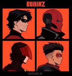  batman_(series) black_hair black_jacket bodysuit brothers commentary cowl damian_wayne dc_comics dick_grayson domino_mask english_commentary eye_mask helmet highres jacket jason_todd kristian_acosta male_focus mask multicolored_bodysuit multiple_boys muscular nightwing open_clothes open_jacket red_hood_(dc) red_mask red_robin robin_(dc) short_hair siblings simple_background smile superhero_costume taut_bodysuit tim_drake two-tone_bodysuit western_comics_(style) 