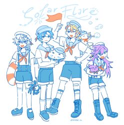  4boys absurdres altventurer_(regis_altare) axel_syrios axelotl_(axel_syrios) banzoin_hakka black_shoes blue_hair braid closed_mouth commentary english_commentary english_text full_body hakkito_(banzoin_hakka) hat highres hiimtae_sb holostars holostars_english legwear_garter long_hair looking_at_viewer multiple_boys octavio one_eye_closed open_mouth orange_hair poppet_(octavio) purple_hair regis_altare sailor_collar sailor_hat school_uniform serafuku shoes short_hair shorts simple_background smile socks twin_braids white_background white_socks 