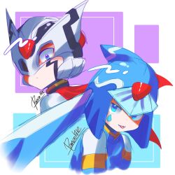  1boy 1girl black_helmet blue_eyes blue_helmet facial_mark fairy_leviathan_(mega_man) forehead_jewel helmet hidden_phantom_(mega_man) highres mega_man_(series) mega_man_zero_(series) panco_1812 red_scarf scarf signature teardrop_facial_mark tongue tongue_out upper_body white_background 