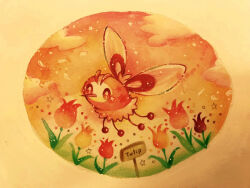  animal_focus bright_pupils clouds commentary_request cutiefly flower full_body no_humans orange_flower painting_(medium) plant_name pokemon pokemon_(creature) red_flower red_tulip star_(symbol) traditional_media tulip watercolor_(medium) white_pupils yukichi_0611 