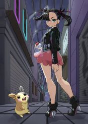  1girl alley asymmetrical_bangs bare_legs black_hair black_jacket commentary dress earrings english_commentary floating_hair full_body green_eyes hair_ribbon highres holding holding_poke_ball jacket jewelry looking_at_viewer marnie_(pokemon) morpeko morpeko_(full) piliblueberry pink_dress poke_ball poke_ball_(basic) pokemon pokemon_(creature) pokemon_swsh red_ribbon redrawn ribbon standing thighs undercut 
