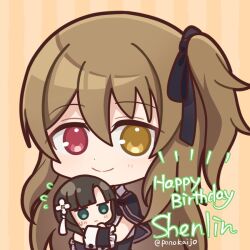  2girls assault_lily black_capelet brown_eyes brown_hair capelet character_name closed_mouth commentary_request flying_sweatdrops hair_between_eyes hair_ribbon happy_birthday heterochromia holding_chibi kuo_shenlin long_hair looking_at_viewer multiple_girls one_side_up ponokaijo red_eyes ribbon striped_background twitter_username wang_yujia wrist_cuffs 