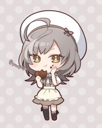  +_+ 1girl :t ahoge apron assault_lily asymmetrical_legwear beret black_ribbon black_thighhighs blush bow bowtie brown_shoes candy chibi chocolate chocolate_on_face closed_mouth collared_shirt commentary_request eating food food_on_face frilled_apron frills full_body grey_background grey_bow grey_bowtie grey_skirt hand_on_own_cheek hand_on_own_face hands_up hat hat_bow heart heart-shaped_chocolate heart-shaped_food high-waist_skirt highres leg_ribbon looking_at_viewer multicolored_hair polka_dot polka_dot_background ponokaijo puffy_short_sleeves puffy_sleeves ribbon sasaki_ran shirt shoes short_sleeves skirt solo standing streaked_hair striped_bow striped_bowtie striped_clothes thigh-highs thigh_ribbon twitter_username uneven_legwear v-shaped_eyebrows waist_apron white_apron white_hat white_shirt yellow_eyes 