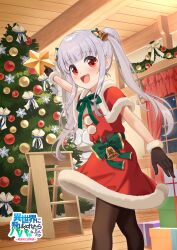  1girl :d absurdres bell belt belt_buckle black_belt black_gloves bow box brown_pantyhose buckle capelet christmas christmas_ornaments christmas_tree curtains dress feet_out_of_frame fur-trimmed_capelet fur-trimmed_dress fur-trimmed_gloves fur_trim gift gift_box gloves green_bow grey_hair highres holding indoors isekai_ni_tobasaretara_papa_ni_nattandaga ladder long_hair official_art orurea_(isepapa) outstretched_arm pantyhose red_capelet red_dress red_eyes sable_mint santa_costume smile solo standing star_(symbol) stepladder twintails very_long_hair window wooden_floor 
