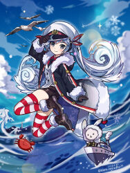  1girl absurdres aqua_eyes aqua_hair arm_up binoculars bird black_coat black_gloves black_necktie black_shorts blush closed_mouth coat collared_shirt commentary_request crab full_body fur-trimmed_coat fur-trimmed_sleeves fur_trim gloves gradient_hair hair_between_eyes hair_ornament hair_ribbon hat hatsune_miku highres jacket jumping long_hair long_sleeves looking_at_viewer multicolored_hair necktie nero_augustus official_alternate_costume official_alternate_hairstyle peaked_cap penguin rabbit rabbit_yukine red_ribbon red_shirt ribbon sailor_hat seagull shirt short_shorts shorts smile striped_clothes striped_thighhighs thigh-highs twintails twitter_username very_long_hair vocaloid white_hair white_jacket yuki_miku yuki_miku_(2022) zettai_ryouiki 