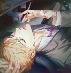  1boy between_fingers blonde_hair blowing_smoke brown_eyes chair cigarette collared_shirt commentary english_commentary grey_suit haekchi highres holding holding_cigarette male_focus mismatched_eyebrows mob_psycho_100 necktie office_chair on_chair purple_necktie reigen_arataka shirt short_hair sitting smoke solo suit swivel_chair twitter_username white_shirt 