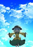 aoi_(annbi) blue_sky cloud clouds hat heart heart_of_string highres komeiji_koishi lens_flare looking_at_viewer open_mouth outstretched_arms outstretched_hand short_hair sky smile solo spread_arms touhou 
