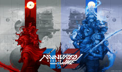  6+boys 6+girls ahoge amemiya_darumi aotsuki_eito armband blue_theme cape commentary_request copyright_name everyone fire full_moon gakuran ginzaki_shouma glasses headgear highres hole_in_chest hole_on_body jacket kawana_tsubasa kirifuji_nozomi komatsuzaki_rui last_defense_academy_school_uniform long_hair magadori_kyoshika maruko_gaku masked mojiro_moko moon multiple_boys multiple_girls multiple_monochrome neckerchief nigou_(hundred_line) official_art omokage_yugamu oosuzuki_kurara ponytail red_theme sailor_collar school_uniform second-party_source serafuku shion_(hundred_line) shizuhara_hiruko short_hair sirei_(hundred_line) split_screen sumino_takumi the_hundred_line_-last_defense_academy- tsukumo_ima tsukumo_kako yakushiji_takemaru 