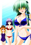  3girls absurdres bikini blonde_hair breasts brown_eyes engo_(aquawatery) frog green_hair hair_ornament hat highres kochiya_sanae long_hair moriya_suwako multiple_girls one-piece_swimsuit purple_eyes purple_hair pyonta short_hair snake swimsuit touhou violet_eyes wink yasaka_kanako yellow_eyes 