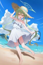 1girl absurdres bare_arms bare_shoulders barefoot beach black_tail blue_archive clouds commentary_request day demon_tail dress fang full_body green_hair green_halo halo hand_on_headwear hat highres long_hair looking_at_viewer nozomi_(blue_archive) ocean open_mouth outdoors pointy_ears sidelocks skin_fang skirt sky sleeveless sleeveless_dress smile solo straw_hat sun_hat sundress tail twintails user_shjm4774 white_dress yellow_eyes 