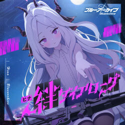  1girl ahoge black_halo black_skirt black_thighhighs blue_archive blush breasts demon_girl demon_horns full_moon gun halo highres hina_(blue_archive) horns long_hair looking_at_viewer machine_gun mg42 moon night non-web_source official_art sitting skirt small_breasts solo thigh-highs very_long_hair violet_eyes weapon white_hair 