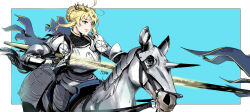 1girl ahoge armor armored_animal artist_name artoria_pendragon_(fate) artoria_pendragon_(lancer)_(fate) blonde_hair blue_background border cross english_commentary fate/grand_order fate_(series) full_armor green_hair hair_bun highres holding holding_polearm holding_weapon horse horseback_riding lance pirata_(gailtonatiu) plate_armor polearm riding smile solo watermark weapon white_border 