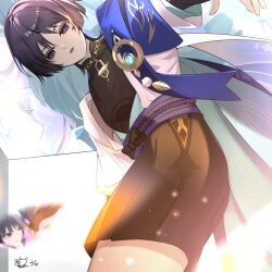  1boy anemo_symbol_(genshin_impact) animal_print arms_at_sides belt bird_print black_belt black_bodysuit black_bow black_shorts blue_gem blue_kimono blue_sleeves blunt_ends bodysuit bow clothing_cutout commentary_request covered_collarbone dragon durin_(genshin_impact) eyeliner feathers from_below furisode gem genshin_impact hakama hakama_shorts highres hip_vent japanese_clothes juban kimono layered_sleeves looking_at_viewer makeup male_focus mandarin_collar mini_durin_(genshin_impact) open_clothes open_kimono open_mouth pink_hair pleated_shorts pom_pom_(clothes) purple_pupils purple_rope purple_sash red_eyeliner rope sash scaramouche_(genshin_impact) short_sleeves shorts signature small_dragon snow_fox_arts solo tsurime violet_eyes vision_(genshin_impact) wanderer_(genshin_impact) white_kimono white_sleeves white_trim wispy_bangs yellow_feathers 