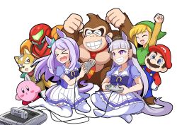  >_< 3girls animal_ears aonoji ape blonde_hair blue_eyes blue_overalls blunt_bangs blush blush_stickers bow bowtie breasts brown_hair brown_hat closed_eyes closed_mouth commentary_request donkey_kong donkey_kong_(series) donkey_kong_country ear_bow ear_ribbon facial_hair fox_mccloud furry furry_male game_console gloves gold_ship_(umamusume) gorilla green_tunic grey_hair grin hat highres horse_ears horse_girl horse_tail kirby kirby_(series) link long_hair mario medium_breasts mejiro_mcqueen_(umamusume) metroid multiple_boys multiple_girls mustache necktie open_mouth overalls pillbox_hat pleated_skirt power_suit_(metroid) puffy_short_sleeves puffy_sleeves purple_bow purple_bowtie purple_hair purple_shirt red_hat red_necktie red_shirt sailor_collar sailor_shirt samus_aran school_uniform shirt short_hair short_sleeves sitting skirt smile star_fox super_mario_bros. super_nintendo super_nintendo_controller sweatdrop tail teeth the_legend_of_zelda thigh-highs tongue tongue_out tracen_school_uniform tunic umamusume violet_eyes white_gloves white_sailor_collar white_thighhighs zettai_ryouiki 