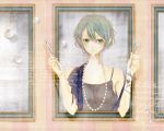  alternate_hairstyle frame green_hair hatsune_miku holding knife mouth_hold necklace penchop short_hair vocaloid 