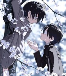  1boy 1girl black_hair blurry cherry_blossoms climbing_tree commentary_request couple crutch depth_of_field looking_at_another original parted_lips profile school_uniform serafuku short_hair skirt smile takanashi_atashi tree 