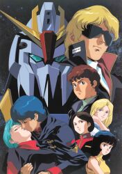  1980s_(style) 1990s_(style) 3boys 4girls absurdres aeug amuro_ray beltorchika_irma black_hair blonde_hair blue_eyes blue_hair brown_hair char_aznable closed_eyes corpse death emblem emma_sheen fa_yuiry four_murasame gun gundam highres insignia kamille_bidan kiss kitazume_hiroyuki lipstick long_hair machine_gun makeup male_focus mecha military military_rank_insignia military_uniform mobile_suit multiple_boys multiple_girls quattro_bajeena retro_artstyle robot scan scene_reference science_fiction short_hair spoilers sunglasses titans_(gundam) traditional_media v-fin weapon zeta_gundam zeta_gundam_(mobile_suit) 