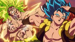  2boys adjusting_hair after_insertion black_vest blue_hair broly_(dragon_ball_super) closed_eyes dragon_ball dragon_ball_super dragon_ball_super_broly gogeta green_hair highres long_hair medium_hair meme metamoran_vest midokutensei multiple_boys muscular muscular_male naoya_hitting_choso_without_looking_(meme) no_shirt parted_lips smear_frame spiky_hair super_saiyan super_saiyan_blue upper_body vest 