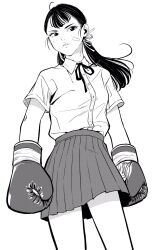  1girl bandaid bandaid_on_cheek bandaid_on_face boxing_gloves breasts commentary_request cowboy_shot greyscale hair_ribbon highres lee_(dragon_garou) long_hair low_twintails miniskirt monochrome neck_ribbon original parted_lips pleated_skirt ribbon school_uniform serious skirt small_breasts solo twintails 