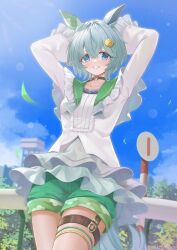  1girl absurdres animal_ears arikawa_rui arms_behind_head blue_eyes blue_sky blush breasts brown_choker choker clouds collarbone commentary_request ear_covers flower green_sailor_collar green_shorts grey_hair grin hair_between_eyes hair_flower hair_ornament hairclip highres horse_ears horse_girl horse_tail long_sleeves looking_at_viewer open_mouth outdoors sailor_collar seiun_sky_(reeling_in_the_big_one)_(umamusume) seiun_sky_(umamusume) shirt short_hair shorts single_ear_cover sky small_breasts smile solo sunflower sunflower_hair_ornament tail teeth thigh_strap umamusume 