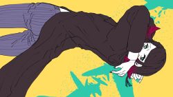  1boy aqua_eyes arms_behind_head asymmetrical_bangs black_hair black_jacket black_nails bonnouji_(kanikamapurin) buttons colored_skin colored_tips commentary_request covered_mouth cowboy_shot demon_boy enmu_(kimetsu_no_yaiba) facial_mark flat_color floating_clothes floating_hair floating_jacket from_behind jacket kimetsu_no_yaiba long_sleeves looking_at_viewer looking_back male_focus medium_hair multicolored_hair pants pinstripe_pants pinstripe_pattern purple_pants sideways solo splatter_background standing suit_jacket symbol-shaped_pupils tailcoat tears_facial_mark trap two-tone_background undershirt villain_(vocaloid) white_skin yellow_background 