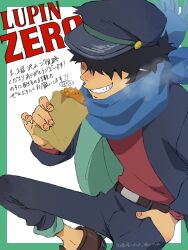  1boy aged_down asami_taguchi belt belt_buckle black_hair blue_jacket blue_pants blue_scarf border brown_shoes buckle child commentary_request english_text food green_border hair_between_eyes hand_in_pocket hat highres holding holding_food jacket jigen_daisuke korokkepan long_sleeves lupin_iii lupin_zero male_focus official_alternate_costume official_art open_clothes open_jacket pants peaked_cap promotional_art red_shirt scarf shirt shoes short_hair smile solo teeth translation_request 