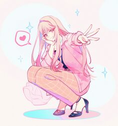  1other absurdres akiyama_mizuki bag belt belt_buckle blue_shirt brown_belt brown_pants buckle chinese_commentary commentary_request dechel earrings fingernails full_body glint grid hand_on_own_cheek hand_on_own_face hands_up head_rest heart highres jacket jewelry long_hair long_sidelocks looking_at_viewer looking_to_the_side necklace official_alternate_costume official_alternate_hairstyle open_clothes open_jacket outstretched_arm pants pink_background pink_hair pink_jacket pink_nails plaid_clothes plaid_pants project_sekai shirt shoulder_bag sidelocks smile solo sparkle speech_bubble spoken_heart squatting star_(symbol) swept_bangs three-quarter_sleeves two-tone_background w white_background zozotown 