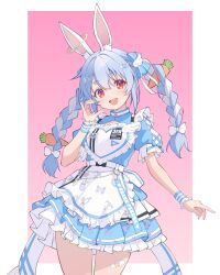 1girl absurdres animal_ear_fluff animal_ears apron blue_dress blue_hair blush border braid carrot_hair_ornament commentary_request dress food-themed_hair_ornament hair_ornament hairpin heart heart_hair_ornament highres hololive long_hair looking_at_viewer maccaron61 maid maid_apron multicolored_hair open_mouth orange_eyes pink_background rabbit-shaped_pupils rabbit_ears rabbit_girl short_eyebrows smile solo symbol-shaped_pupils twin_braids twintails two-tone_hair usada_pekora virtual_youtuber white_apron white_border white_hair