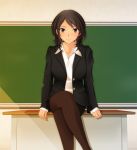  1girl amagami black_eyes black_hair breasts chalkboard classroom crossed_legs desk face formal kishida-shiki large_breasts legs legs_crossed pantyhose sitting skirt_suit smile solo suit takahashi_maya teacher thighs 