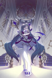  1girl absurdres aqua_eyes aqua_hair arch ceiling chandelier commentary_request dress fajyobore foreshortening from_below full_body gloves hair_ribbon hatsune_miku high_heels highres indoors lace lace-trimmed_thighhighs lace_trim legs long_hair perspective revision ribbon scepter shoes sleeveless sleeveless_dress stairs standing thigh-highs twintails very_long_hair vocaloid white_gloves white_shoes white_thighhighs window 