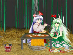  bamboo bamboo_forest bow bucket chopsticks closed_eyes commentary_request dress eating feeding fire forest frog fujiwara_no_mokou green_dress green_hair holding holding_chopsticks horns in_bucket in_container kamishirasawa_keine kamishirasawa_keine_(hakutaku) kams knife nature open_mouth pants red_bow red_eyes red_pants shirt sitting smile smoke stove suspenders sweatdrop touhou white_hair white_shirt zun_(style) 