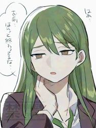  1boy androgynous brown_eyes commentary_request green_hair green_necktie hair_between_eyes lobotomy_corporation long_hair male_focus medu_(rubish) necktie netzach_(project_moon) project_moon shirt simple_background solo translation_request upper_body watermark white_background white_shirt 