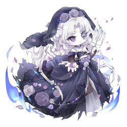  1girl absurdres bare_shoulders beads black_bridal_gauntlets black_veil blue_dress blue_fire bow bridal_gauntlets bridal_veil bride brown_pantyhose candle candlestand chibi dot_nose dress dress_bow dress_flower expressionless eyelashes facial_tattoo fire floating_clothes flower flower_tattoo hair_bun highres holding holding_candle infinity_nikki jewelry light_blush long_dress long_hair long_sidelocks looking_at_viewer nameless_selfless_(infinity_nikki) necklace nikki_(series) nuli_de_chengzhi_er off-shoulder_dress off_shoulder offering_hand one_eye_covered pale_skin pantyhose parted_bangs parted_lips petals purple_bow purple_ribbon ribbon rose rose_petals short_sleeves sidelocks simple_background single_side_bun solo tattoo tsurime veil very_long_hair violet_eyes wavy_hair wedding_dress white_background white_flower white_hair white_rose 