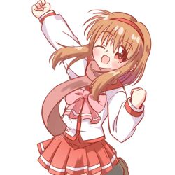  1girl ;d alternate_costume arm_up blush bow bowtie brown_hair clenched_hands commentary_request cowboy_shot eyes_visible_through_hair floating_hair fringe_trim hair_between_eyes hairband hand_up happy highres kanon long_sleeves looking_at_viewer medium_hair miniskirt one_eye_closed open_mouth pink_bow pink_bowtie pink_scarf pleated_skirt red_hairband red_sailor_collar red_skirt sailor_collar scarf school_uniform serafuku shirt sidelocks simple_background skirt smile solo tareme to_heart to_heart_(series) tsukimiya_ayu white_background white_shirt zeppachi 