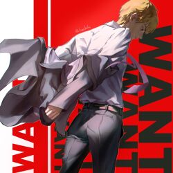  1boy belt black_belt black_pants blonde_hair closed_mouth collared_shirt english_text floating_neckwear from_behind grey_suit haekchi hashtag-only_commentary highres jacket male_focus mob_psycho_100 necktie pants purple_necktie reigen_arataka removing_jacket shirt shirt_tucked_in short_hair solo suit suit_jacket twitter_username two-tone_background white_shirt 