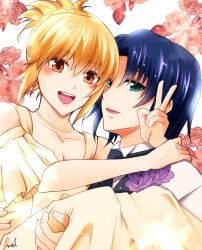  1boy 1girl :d athrun_zala blonde_hair blue_hair blush brown_eyes cagalli_yula_athha cara0w0mel carrying collarbone commentary_request couple dress flower green_eyes gundam gundam_seed half_updo hetero highres jacket long_dress open_mouth princess_carry purple_flower short_hair sidelocks smile v wedding_dress white_jacket yellow_dress 