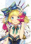  blue_eyes bow breasts brush bust cleavage colorful flower gloves hair_bow hair_flower hair_ornament hands headdress heart heart-shaped_pupils original pen pencil ribbon_choker short_hair siting_zeng solo symbol-shaped_pupils wide-eyed wide_eyed 