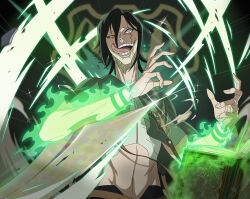  1boy absurdres black_clover black_clover_m:_rise_of_the_wizard_king black_hair book brown_eyes capelet green_capelet green_mantis_(emblem) grimoire hair_between_eyes highres jack_the_ripper_(black_clover) looking_at_viewer magic midriff navel non-web_source official_art open_book open_mouth solo teeth tongue tongue_out upper_body 