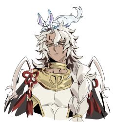  1boy body_markings braid crema_525 cropped_torso dark-skinned_male dark_skin facial_mark fate/grand_order fate_(series) fou_(fate) highres jewelry light_frown long_hair neck_ring side_braid sideways_glance simple_background solo solomon_(fate) tassel upper_body white_background white_hair yellow_eyes 