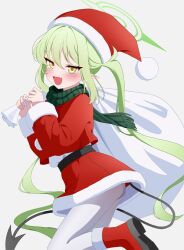  1girl absurdres black_tail blue_archive blush capelet christmas commentary demon_tail dress fang full_body fur-trimmed_dress fur-trimmed_headwear fur_trim green_hair green_halo green_scarf halo hat highres holding holding_sack kneeling long_hair long_sleeves nozomi_(blue_archive) open_mouth pantyhose pointy_ears red_capelet sack santa_costume santa_dress santa_hat scarf sidelocks simple_background skin_fang solo symbol-only_commentary tail twintails user_shjm4774 white_background white_pantyhose yellow_eyes 