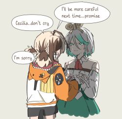  ahoge applying_bandages ascot bandages black_shorts bleeding blood blood_on_bandages brown_hair cecilia_immergreen cecilia_immergreen_(1st_costume) colored_inner_hair crying crying_with_eyes_open detached_collar detached_sleeves doll_joints dress elephon english_text first_aid gigi_murin gigi_murin_(1st_costume) green_eyes green_hair grey_hair highres hololive hololive_english hood hoodie injury joints multicolored_hair multiple_girls orange_hoodie red_ascot short_hair shorts streaked_hair tears twintails two-tone_hair virtual_youtuber winding_key 