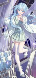  1girl :o absurdres blue_eyes blue_hair blush bow collarbone commentary curtains dress footwear_bow full_body green_dress highres hinomori_shizuku jacket long_hair long_sleeves looking_at_viewer night nightgown open_clothes open_mouth open_window project_sekai reaching reaching_towards_viewer rui_(rei_leyi) slippers solo standing standing_on_one_leg thigh-highs white_thighhighs window 