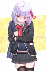  1girl absurdres alternate_costume bag black_jacket bow bowtie cellphone colored_inner_hair commentary fate/grand_order fate_(series) hair_ribbon highres jacket kama_(fate) kaworu13 multicolored_hair phone pink_hair red_bow red_bowtie red_eyes ribbon school_uniform short_hair shoulder_bag skindentation skirt smartphone sweater symbol-only_commentary thigh-highs thighs white_hair zettai_ryouiki 