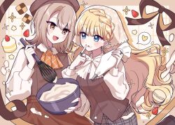  2girls absurdres alternate_costume alternate_hairstyle apron blonde_hair blue_eyes bowl braid brown_eyes brown_hair brown_vest cake checkerboard_cookie chinese_commentary chocolate commentary_request cookie cream cupcake finger_to_mouth food food_on_face fruit hasumi_leia hat heart highres holding holding_bowl long_hair long_sleeves looking_at_another luguo_buzhidao mahou_shoujo_no_majo_saiban mixing_bowl mole mole_under_eye multiple_girls open_mouth shirt short_hair skirt smile strawberry tongue tongue_out very_long_hair vest whisk white_shirt yuri 